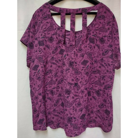 Torrid Women's Maroon Floral Pattern Short Sleeve Cut Out Back 3X - Picture 2 of 4